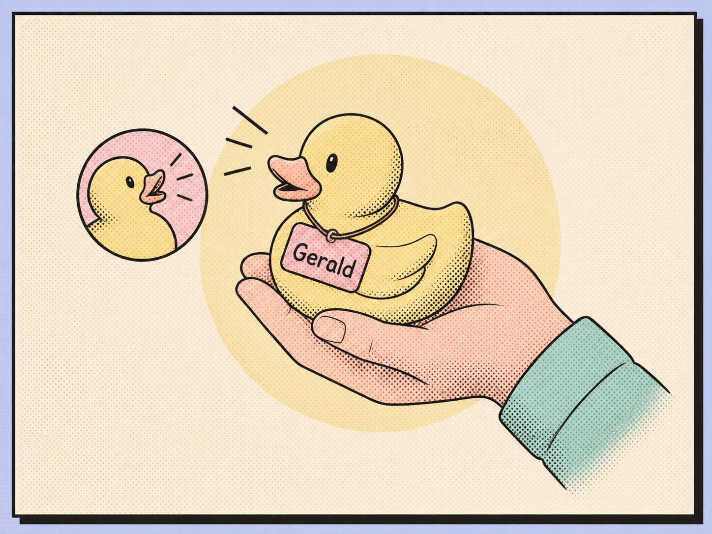 Technical diagram of a yellow resin duck beside a name tag reading Gerald, annotated with measurement arrows.
